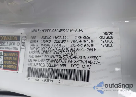 2020 Acura Rdx Technology Package z USA, uszkodzony, nr VIN 5J8TC2H50LL041569